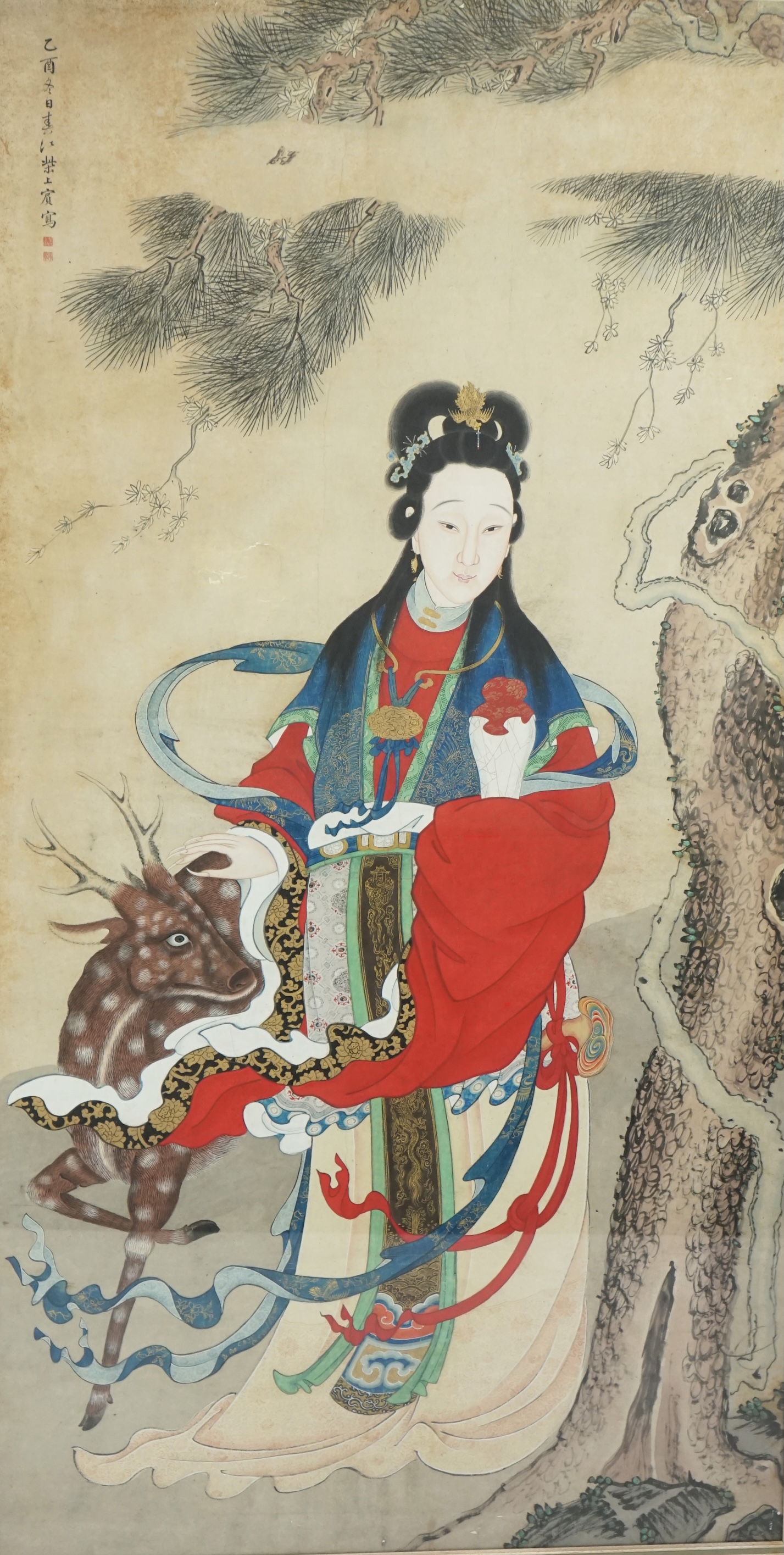 Chinese School, 19th century, a large ink and colour on paper, depicting the Daoist immortal Magu and a deer